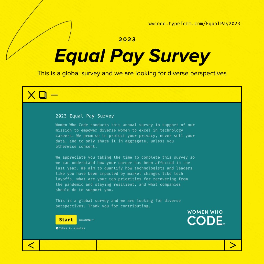 WomenWhoCode's tweet image. ✍️ Make your voice heard and contribute to the annual #WWCode Equal Pay Survey by sharing how you've been impacted by issues like tech layoffs, the pandemic, and bias in the workplace.
Start now → wwcode.typeform.com/EqualPay2023
#WomenWhoCode
#WomenInTech
#EqualPayDay