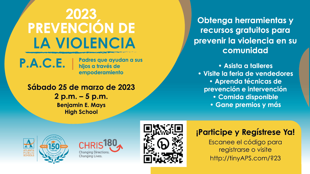 Good Morning Therrell Family, Please Come and Join 2023 Violence Prevention Workshop With P.A.C.E on Saturday, March 25,2023 from 2:00- 5:00 pm at Benjamin E. Mays High School. Don't miss out on the free tools and resources to prevent violence in our Community.