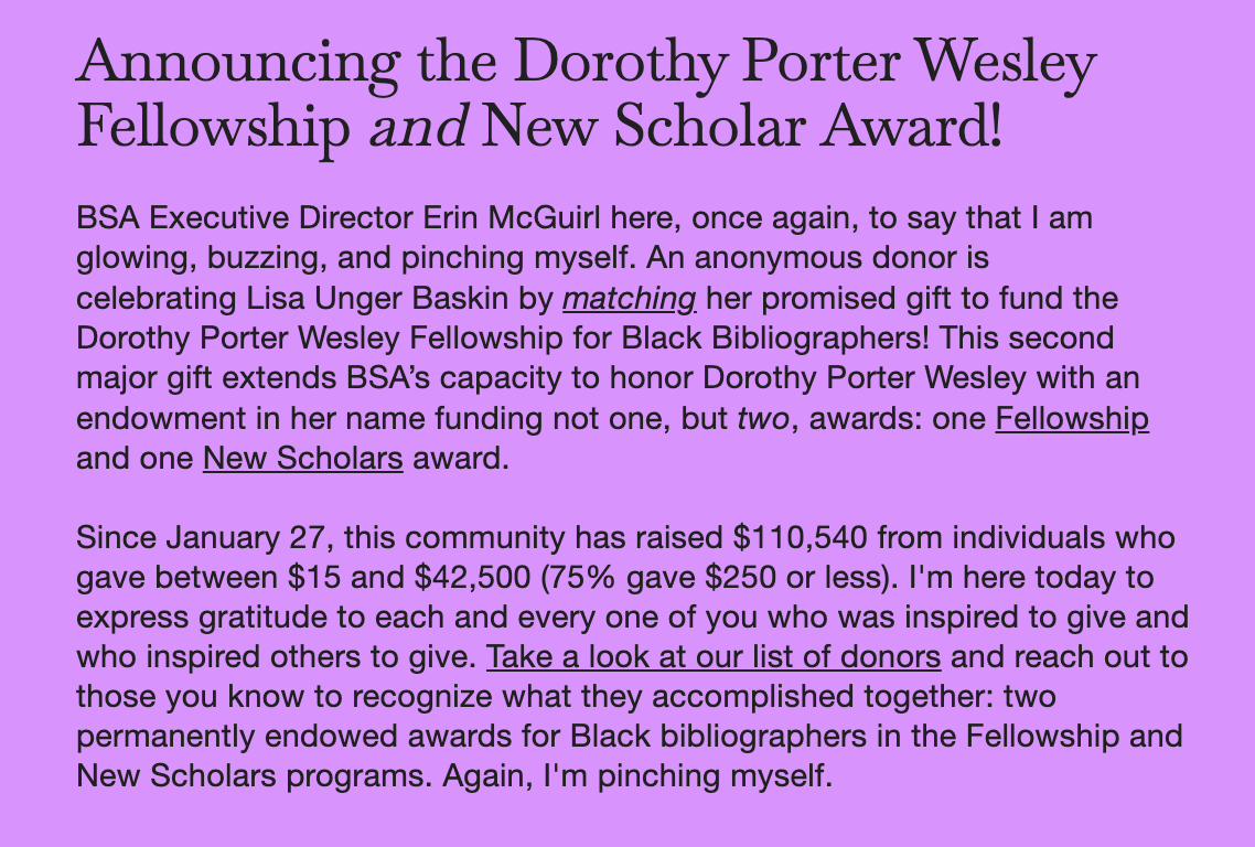 The Dorothy Porter Wesley Endowment: WE DID IT 🎉 AND MORE!!!

Announcing the Dorothy Porter Wesley Fellowship *AND* New Scholars Awards!!!!

mailchi.mp/bibsocamer/por…