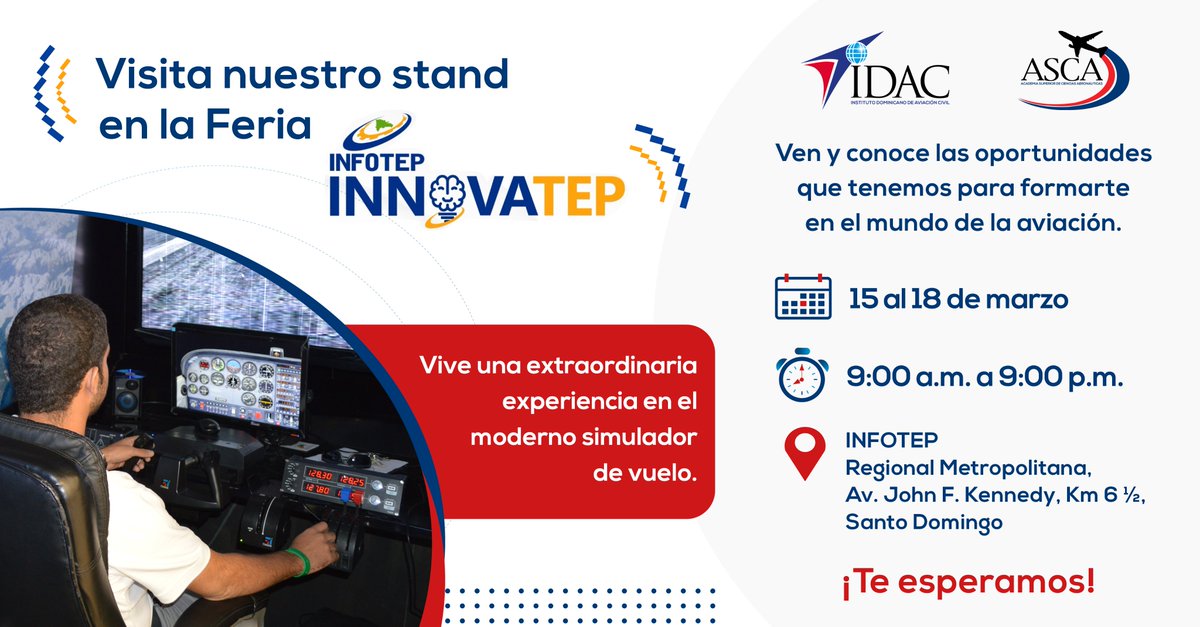 ASCA (@asca_rd) on Twitter photo 2023-03-16 14:11:08 ¡Ven y visita el stand de la ASCA del @IDAC_RD en la Feria de #INNOVATEP2023! Podrás experimentar una increíble experiencia en nuestro simulador de vuelo y conocerás las oportunidades de capacitación que tenemos disponibles en la aviación. ¡Ven, te esperamos ! ¡Ven y visita el stand de la ASCA del @IDAC_RD en la Feria de #INNOVATEP2023! Podrás experimentar una increíble experiencia en nuestro simulador de vuelo y conocerás las oportunidades de capacitación que tenemos disponibles en la aviación. ¡Ven, te esperamos !