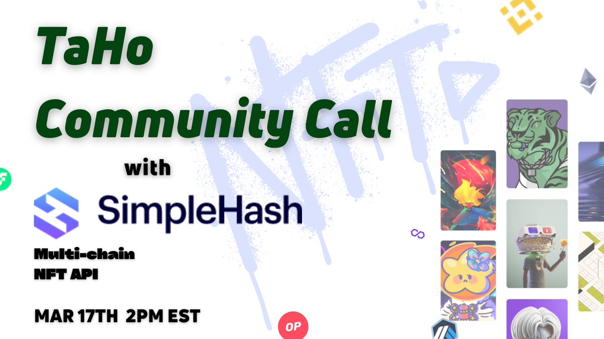 We're so excited to welcome <a href="/SimpleHashInc/">SimpleHash</a> on tomorrow's Community Call! ✨

Start your weekend with us🎈 

 📞 chat.taho.xyz