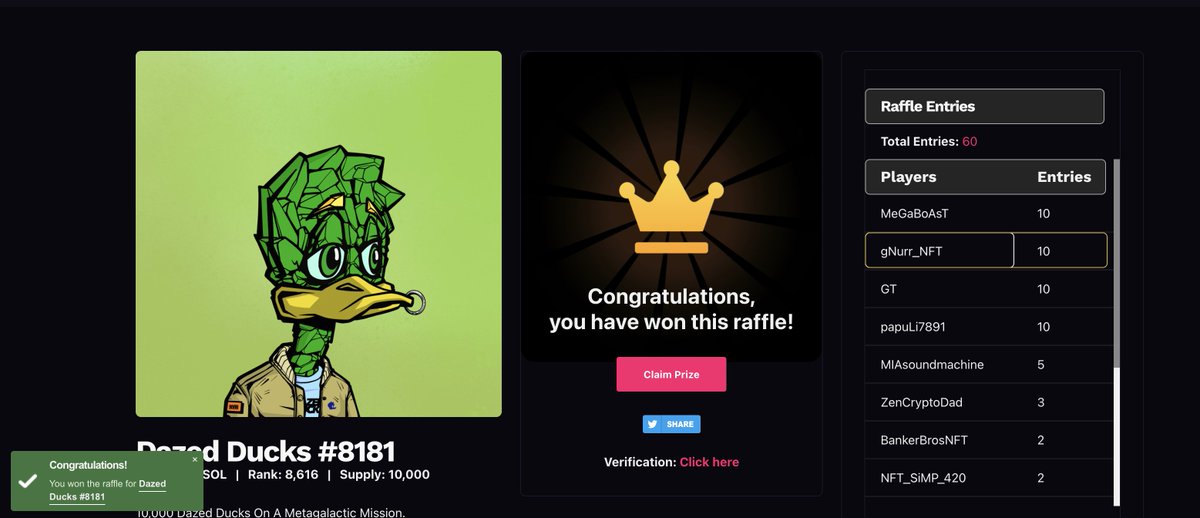 gNurr_NFT's tweet photo. Holey Duck! I won a Dazed Ducks #8181 on @SolBids https://t.co/vGyPFOfL4A
First time actually trying solbids and i manage to win.
Think they have built a superior raffle site that more people over time will appreciate!
Bids back is game changer!
#solbids https://t.co/B1FWnoQxS2