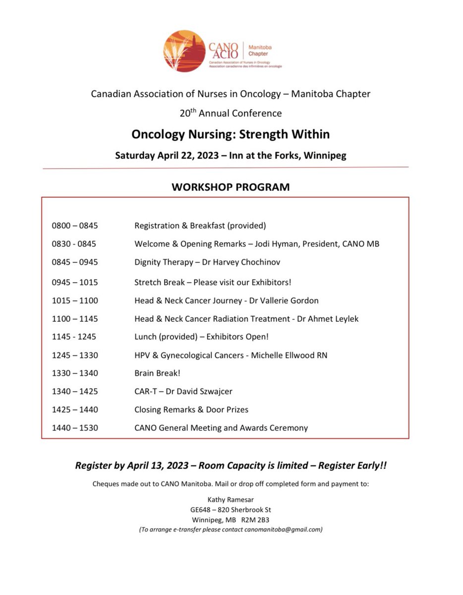 CANO_ACIO_MB's tweet photo. We are very excited to present to you our Annual Conference!

When: Saturday, April 22, 2023
Where: Inn at the Forks, Winnipeg

Please see attached program &amp; registration form.

Register early as space is limited!

This event is free for CANO Manitoba members. https://t.co/cZCYN2NmJj