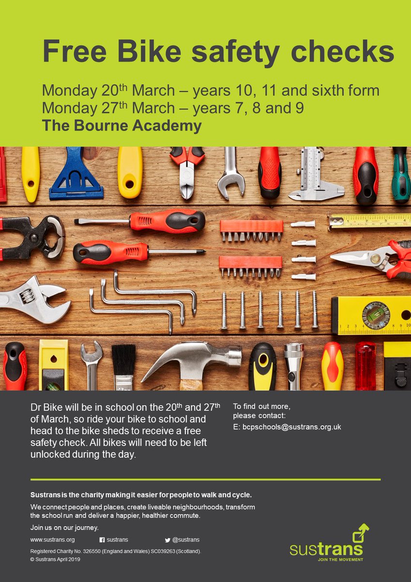 BourneAcademy's tweet photo. Dr Bike is back for 2023, offering students free safety checks on their bike. There are two sessions running in March:
Monday 20th March – years 10, 11 and sixth form
Monday 27th March – years 7, 8 and 9.
#sustran #drbike #thebourneacademy https://t.co/ObzlIv4xtI