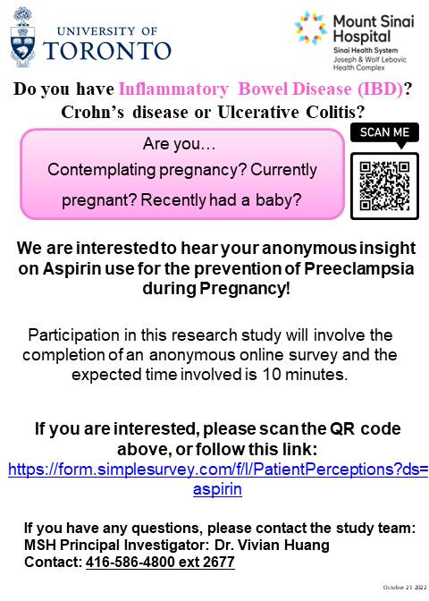 ATTN: We are looking for people with IBD who are contemplating pregnancy, pregnant or recently had a baby to participate in an anonymous survey investigating patient perceptions regarding Aspirin for high blood pressure prevention during pregnancy.  form.simplesurvey.com/f/s.aspx?s=B57…