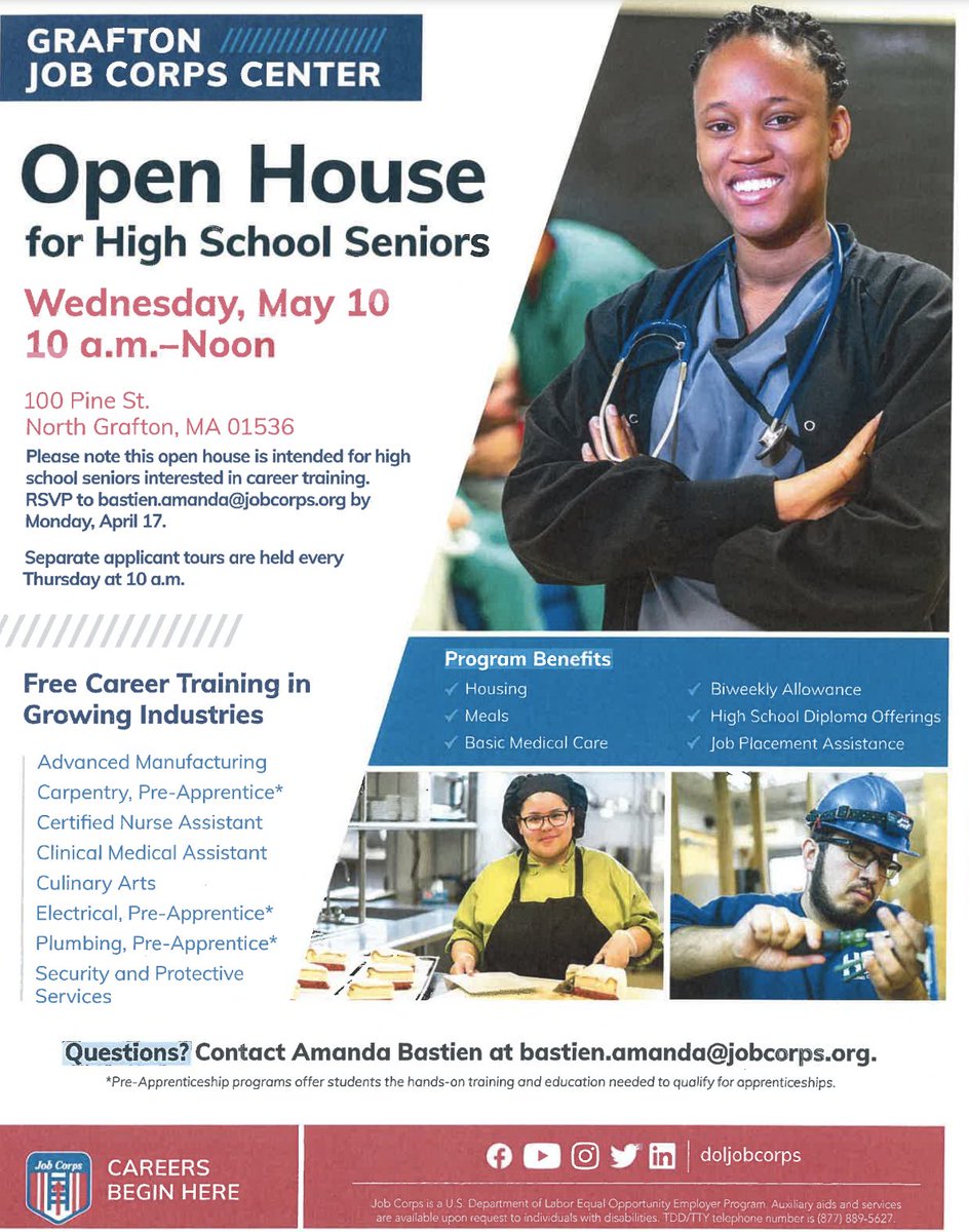 SharonGuidance's tweet photo. JOB NEWS: Open House over @DOLJobCorps in Grafton, MA!

May 10th from 10AM - 12PM  

#sharonhighschool #sharonma #highschoolseniors https://t.co/qLihDm2BvJ