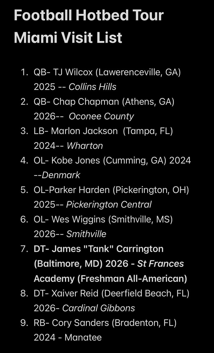 Manny_Navarro's tweet photo. Some talented recruits visiting Miami this afternoon with my buddy from @FootballHotbed including talented 6-2, 276 pound 2026 defensive tackle Tank Carrington. #VisitSeason Here’s the list he shared with me. https://t.co/dGX3GKqAPN