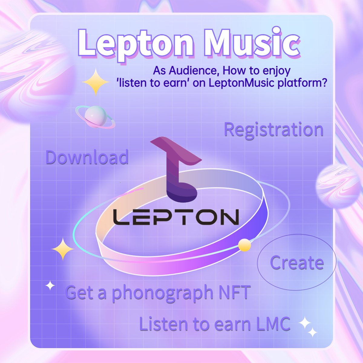 DeMuse_official's tweet photo. As Audience, How to enjoy 'listen to earn' on LeptonMusic platform?
Step 1：Download #dApp or open our website
Step 2：Registration
Step 3：Create a Lepton's #Crypto wallet to receive token
Step 4：Get a free basic phonograph #NFT
Step 5：Listen to music and earn LeptonMusicCoin https://t.co/XSaBRSiAkZ