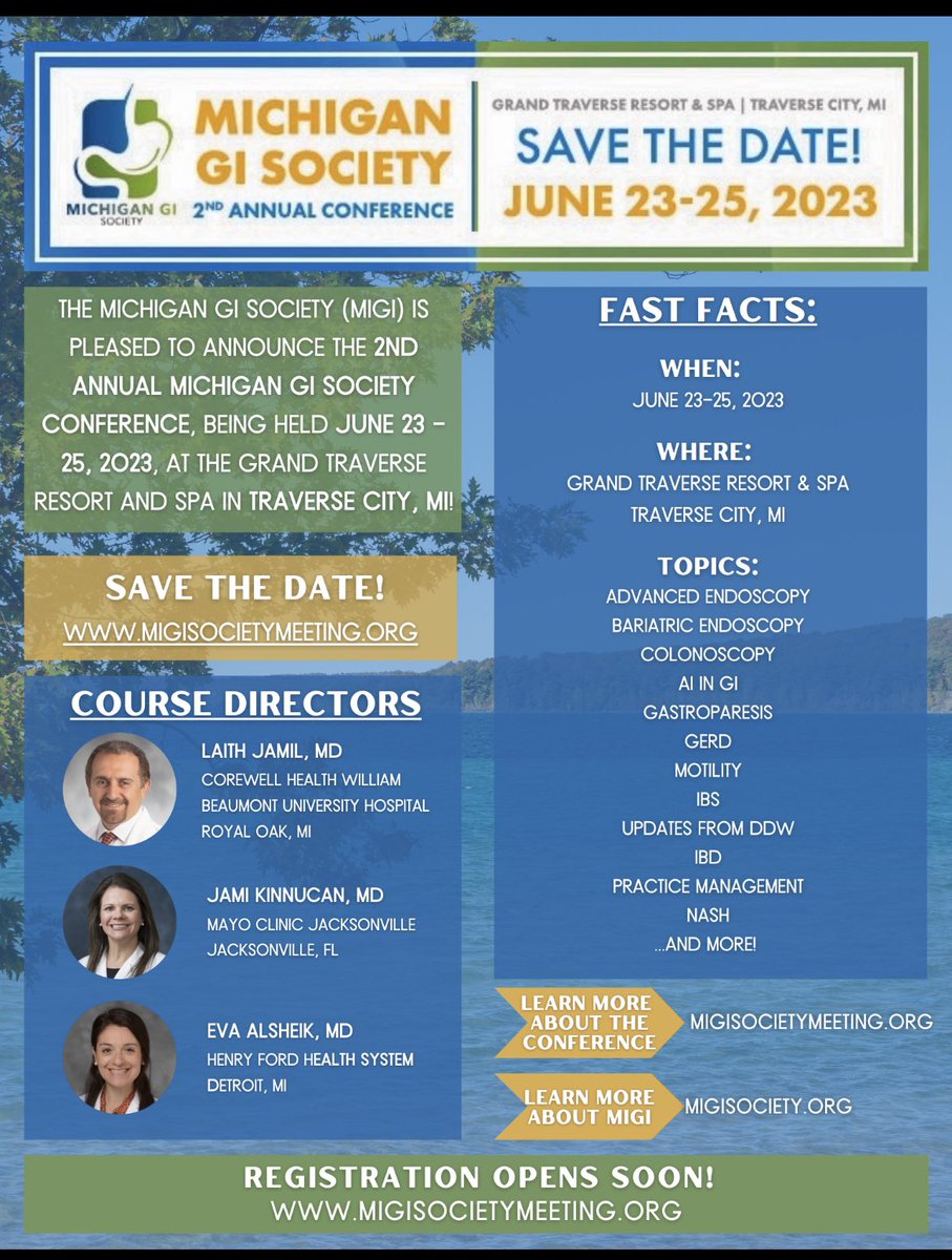 Jami Kinnucan, MD, FACG, AGAF, FCCF (@ibdgijami) on Twitter photo My last year co-chairing <a href="/MIGISociety/">Michigan GI Society</a> conference, excited for our rock ⭐️ faculty, amazing location, family friendly conference this year 
All welcome! June 23-25, 2023 
Traverse City, MI 
Registration will go live end of this month migisocietymeeting.org My last year co-chairing <a href="/MIGISociety/">Michigan GI Society</a> conference, excited for our rock ⭐️ faculty, amazing location, family friendly conference this year 
All welcome! June 23-25, 2023 
Traverse City, MI 
Registration will go live end of this month migisocietymeeting.org