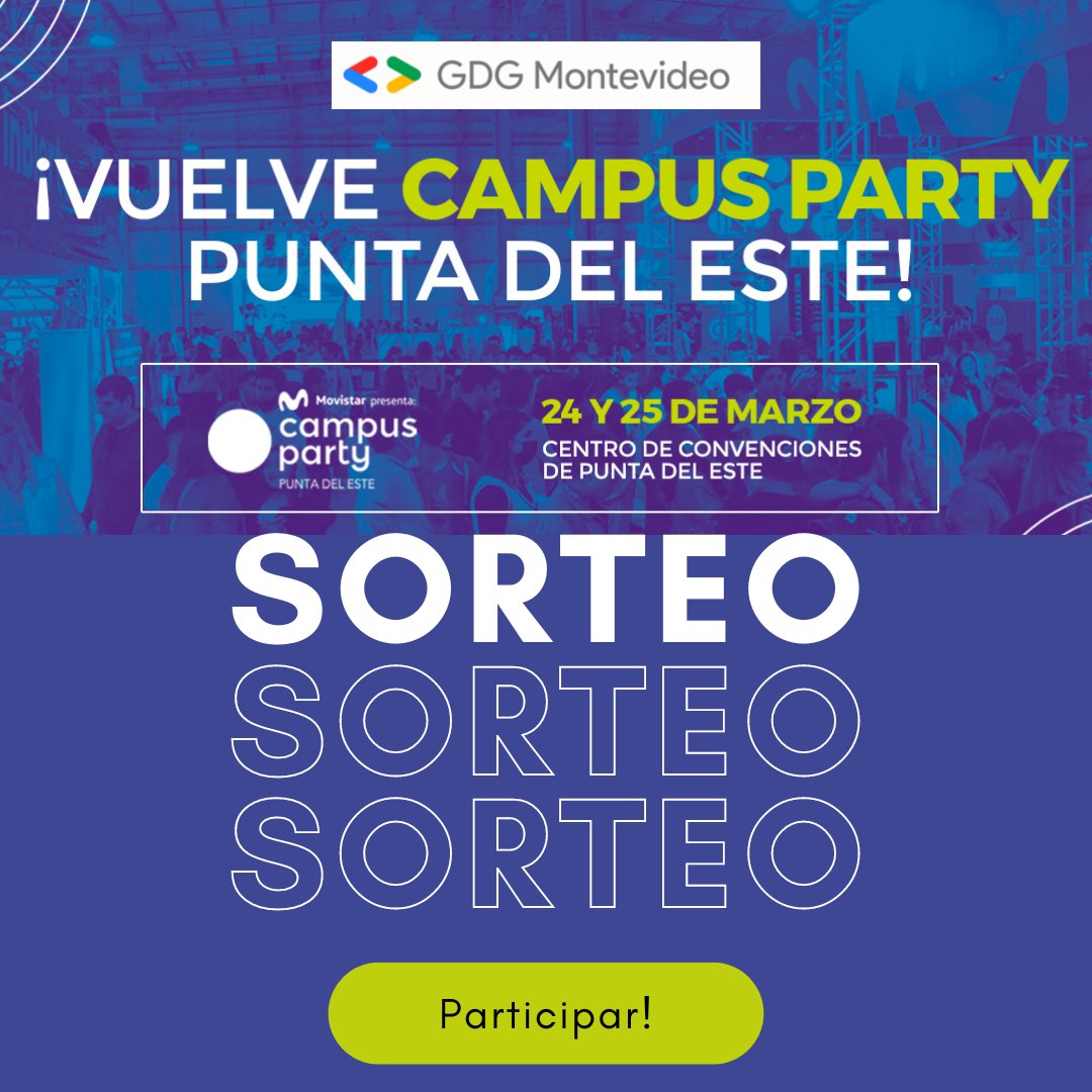 Buenas a todos!
Se viene el <a href="/campuspartyuy/">Campus Party Uruguay</a> ! (y tenemos invitaciones sin costo para nuestros miembros)
Las bases del sorteo son las siguientes:
1- Ser miembro de GDG montevideo gdg.community.dev/gdg-montevideo/
2- Retwittear este post
sigue hilo ->