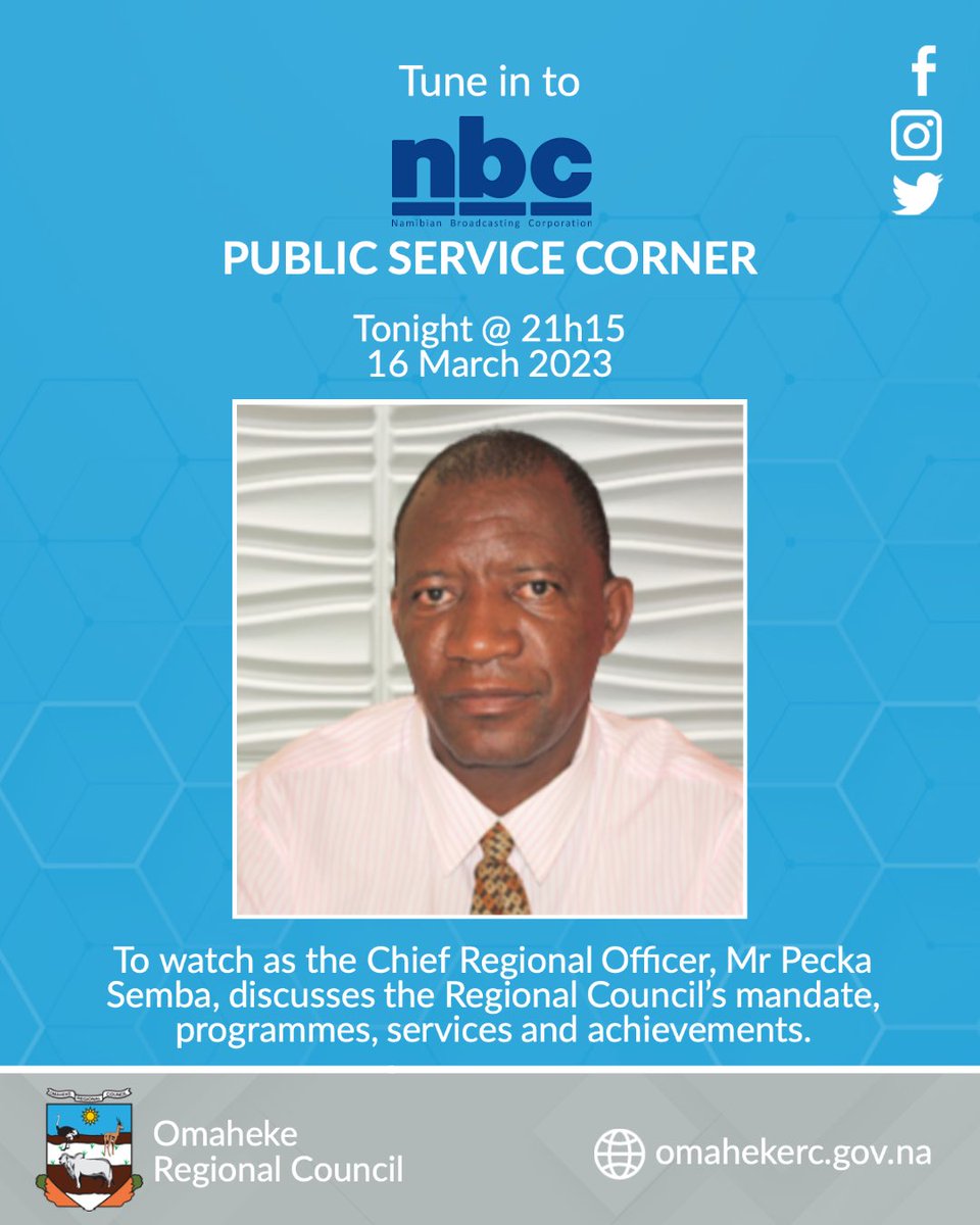 OmahekeRC's tweet photo. The Omaheke Regional Council’s Chief Regional Officer, Mr. Pecka Semba, will be on NBC’s Public Service Corner programme tonight at 21h15 to discuss the Council’s mandate, programmes, services, achievements and plans.

@MICTNamibia https://t.co/UqYmUsqkqP
