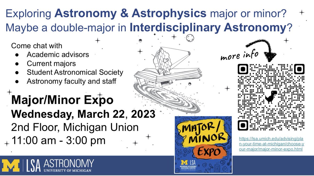 michiganastro's tweet photo. Are you interested in learning more about pursuing a degree in the U-M Department of Astronomy? Join us on Wednesday, March 22nd, 2023 in the Michigan Union to learn more! #GoBlue #MichiganAstro https://t.co/SsJjok0Wns