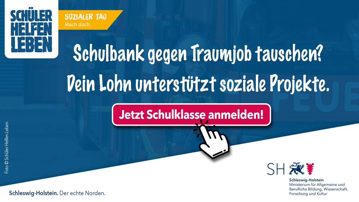 Bildung_SH's tweet photo. Am 4. Juli 2023 können sich Schülerinnen und Schüler wieder beim @SozialerTag engagieren. Tausche den Schulalltag gegen einen Job und spende Deinen Lohn für ein soziales Projekt. #MachDoch #SozialerTag #SchuelerHelfenLeben #Schule
Infos unter ➡️ https://t.co/lRynTiIjGT https://t.co/EWRPOtbhJ4