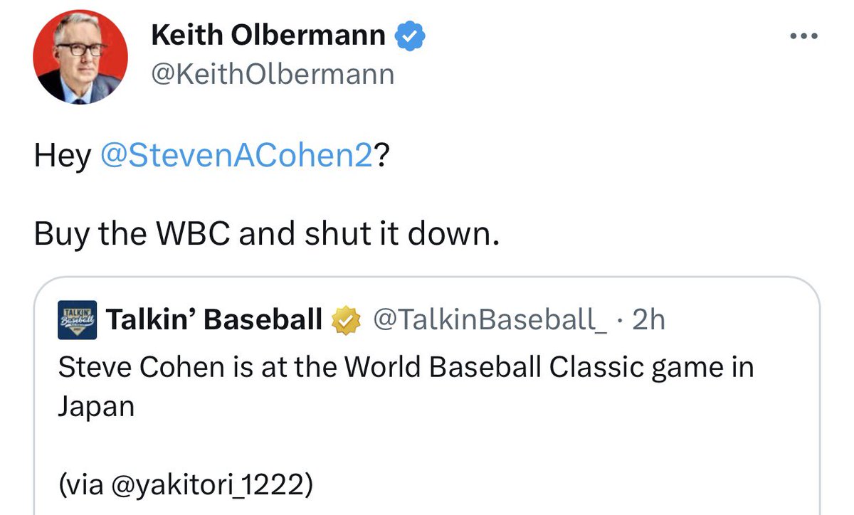 NickFrancona's tweet image. On the other hand, expanding the WBC and making Keith Olbermann the general manager of Team Sun sounds appealing.