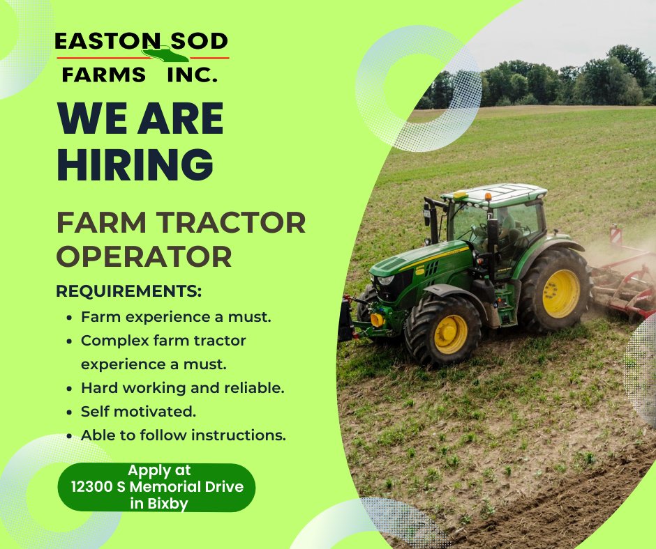 EastonSod's tweet photo. We are hiring. Full time. Compensation based on experience. Medical, dental, vision, and life insurance offered. Apply at our Bixby Sod Store - 12300 South Memorial Drive. https://t.co/hmMBiVZ28f