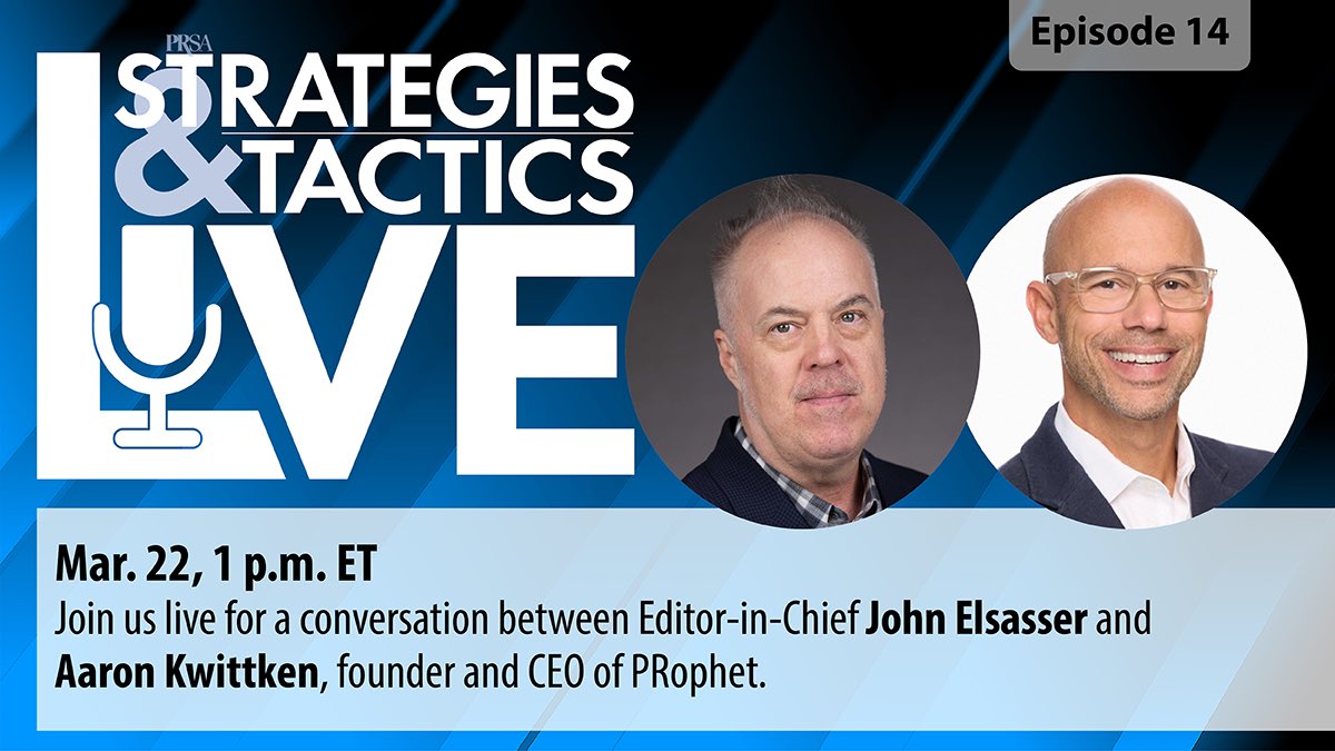 On the next S&amp;T Live, join Editor-in-Chief John Elsasser and <a href="/AKwittken/">Aaron Kwittken</a>, founder &amp; CEO of <a href="/prophet_pr/">PRophet</a>, for a conversation on the promise &amp; perils of generative AI. Tune in: Wednesday, March 22, 1 p.m. ET: bit.ly/3FrgxHK @prsa #prsa