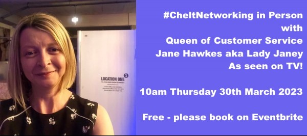 ladyjaney75's tweet photo. Am really pleased to announce that lil'ol me will be the speaker at the next #CheltNetworking in Person @glosinfo event - 'Queen of Customer Service Jane Hawkes aka Lady Janey - As seen on TV' https://t.co/dT9ZtX6a0l #seeyouthere https://t.co/wAjfnNW1hR