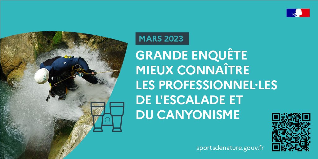 À partir du 21 mars, plus de 6000 éducateurs et éducatrices sportives de l’#escalade et du #canyonisme #canyoning répondront à notre enquête nationale #SportsdeNature. Pour y participer, inscrivez-vous sur sportsdenature.gouv.fr/etude-escalade…