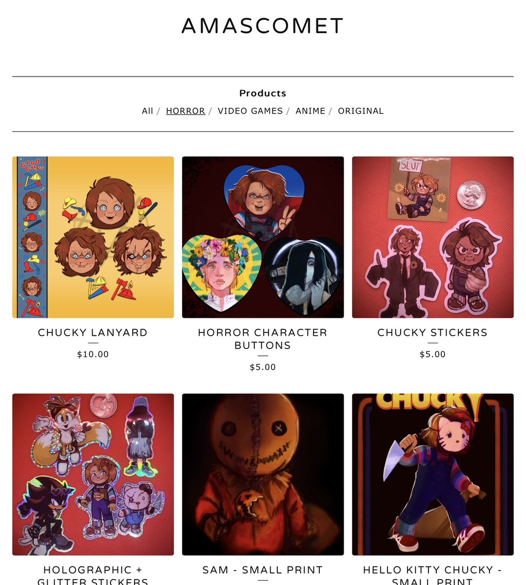 Amasc0met's tweet photo. Horror, Games, and Cartoons, oh my! There’s lots that you can get at my shop 💥 now open for the first time ever!! https://t.co/4eeyVEK2R8