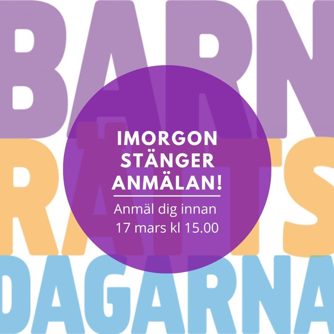 Imorgon den 17 mars stänger anmälan till Barnrättsdagarna 2023! Missa inte att säkra din logi innan du anmäler dig! 🎉