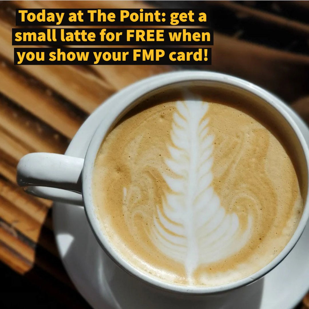 Warm up today at The Point with a FREE small latte from Flatiron Meal Plan! Stop by The Point Cafe today and get a small latte for FREE when you show your FMP card! The Point is located on the Hill at the corner of 13th &amp; College. Limit one free drink per cardholder.