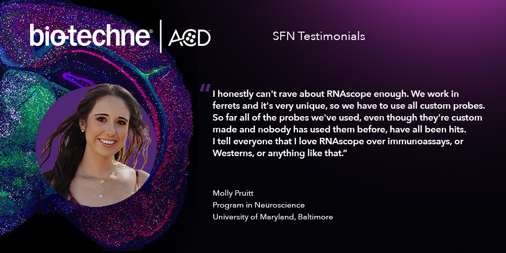 bt_spatial's tweet photo. Thank you, Molly Pruitt, from @UMBaltimore, glad our #RNAscope ISH custom probes were exactly what you needed! With unique species it can be a challenge, but with +44,000 probes & unlimited custom probes, we can ensure your #RNAISH success! Hear more: https://t.co/nV5irmmOZa https://t.co/NsDHR7w5fG