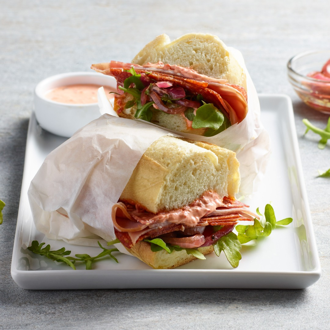 HormelNatural's tweet photo. Pack in some flavor with this Italian Sub recipe featuring uncured salami and pepperoni, and smoked deli ham. #sandwich #italianfood #pepperoni #salami https://t.co/cCzwH9BrgL https://t.co/NBnEn2BagL