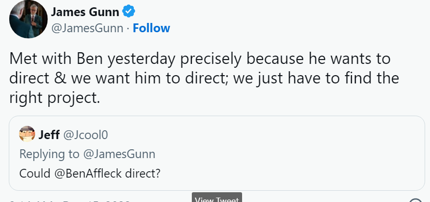 BobaTalks's tweet photo. What's odd is what @JamesGunn said before Affleck's update.

"We're working with Ben Affleck, who really wants to be a part of our architecture team trying to bring things together. And he really wants to direct one of our projects and we're looking forward to him doing that." https://t.co/NInY9aSf28