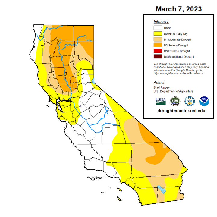 NWSBayArea's tweet photo. Who wants an updated drought monitor?! Slight improvements over the last week, major improvements since the beginning of the water year. 

Get the latest at https://t.co/am42AVc9xj

#CAwx #CAdrought https://t.co/n4ZLJuErAe