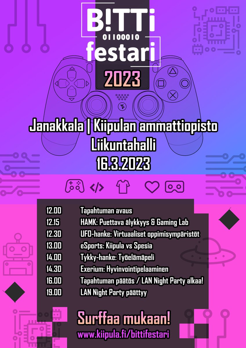 Tänään olimme mukana <a href="/KiipulaAO/">Kiipulan Ammattiopisto</a> järjestämillä Bittifestareilla. Esittelyssä mm. #HAMKGaming-toimintaa, @HamkSmart puettavaa älykkyyttä sekä mielenkiintoinen erityisoppilaitosten välinen Rocket League -matsi! #esportsfi #kiipula