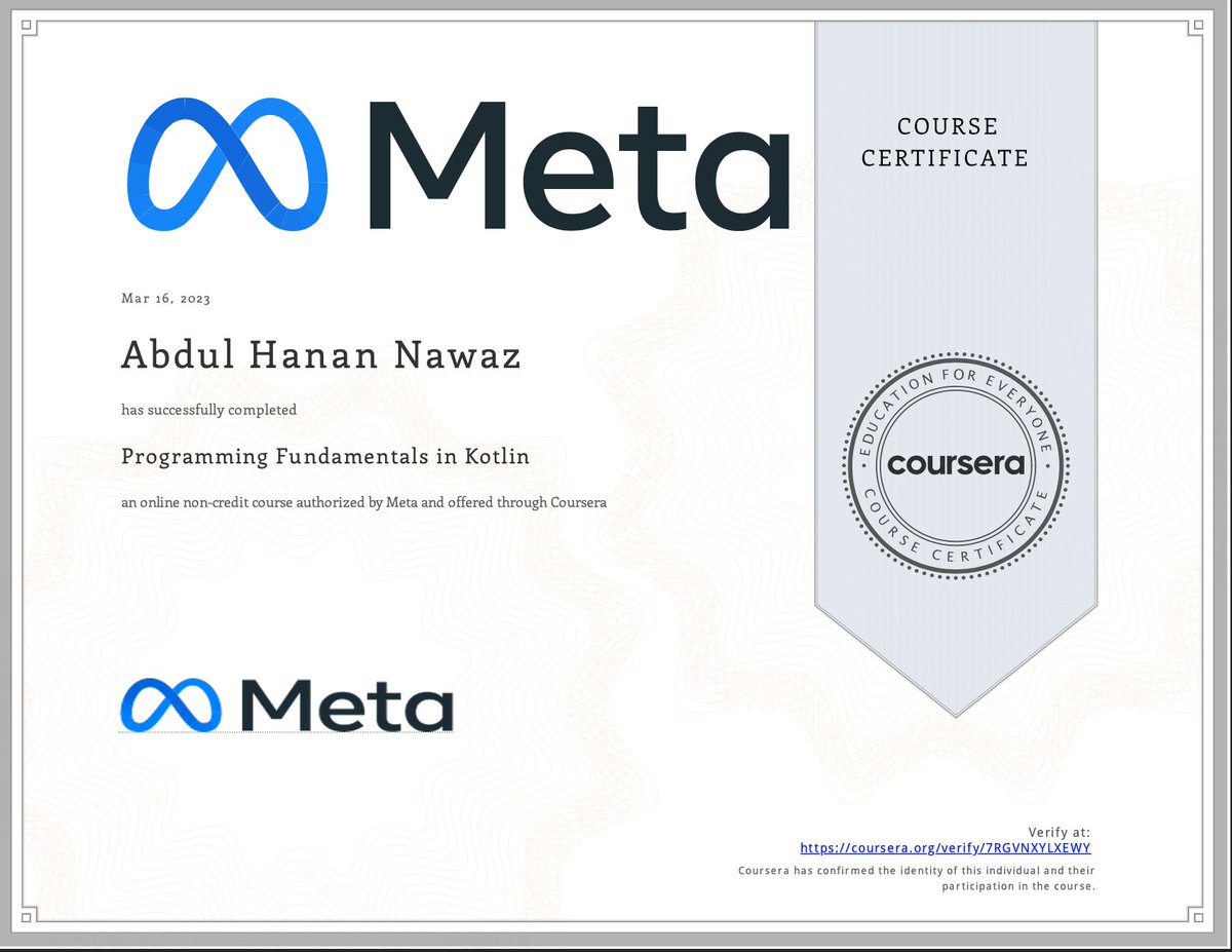 HananNawaz0's tweet photo. I completed Programming Fundamentals in Kotlin! Check out my certificate 

3rd Course of Meta Certified Android Developer 🙂 

@Android @AndroidDev @Meta https://t.co/HJ2NYTJSOS