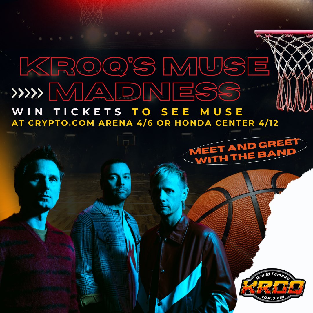 kroq's tweet photo. It's #MuseMadness on KROQ! Listen for your chance to win a pair of tickets to see @museband at their April 6th show at @cryptocomarena or April 12th at the @HondaCenter, plus you'll get to meet the band!
https://t.co/pABbmAEWKK https://t.co/IK7EbqvMdC