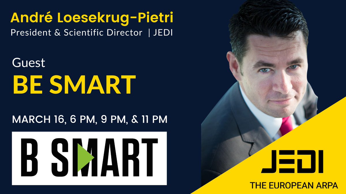 EuroJedi's tweet photo. .@andrepietri will be on @B_SMART_TV with @ssoumier @aplaneix @brunomaisonnier
@_AnotherBrain @guerinced
#Science #Technology #Innovation #BreakthroughInnovation
#JEDI
#TheEuropeanARPA https://t.co/FznYRzUHMa