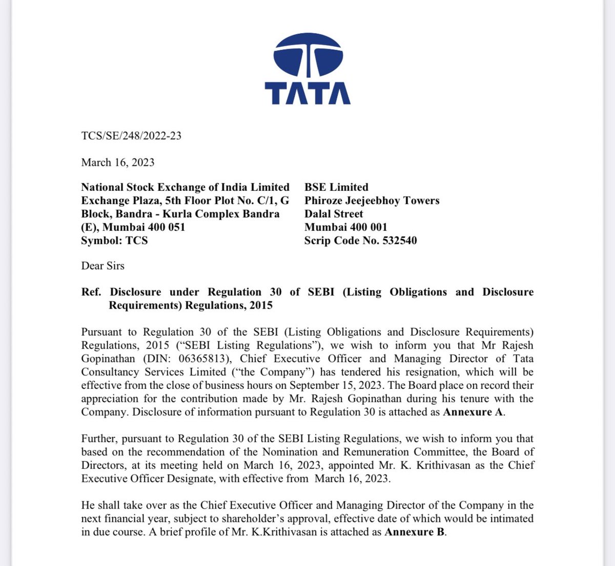 dishant2270's tweet photo. This is huge news !

#TCS CEO Mr. Rajesh Gopinathan resigns. https://t.co/iW2GPoIdZh