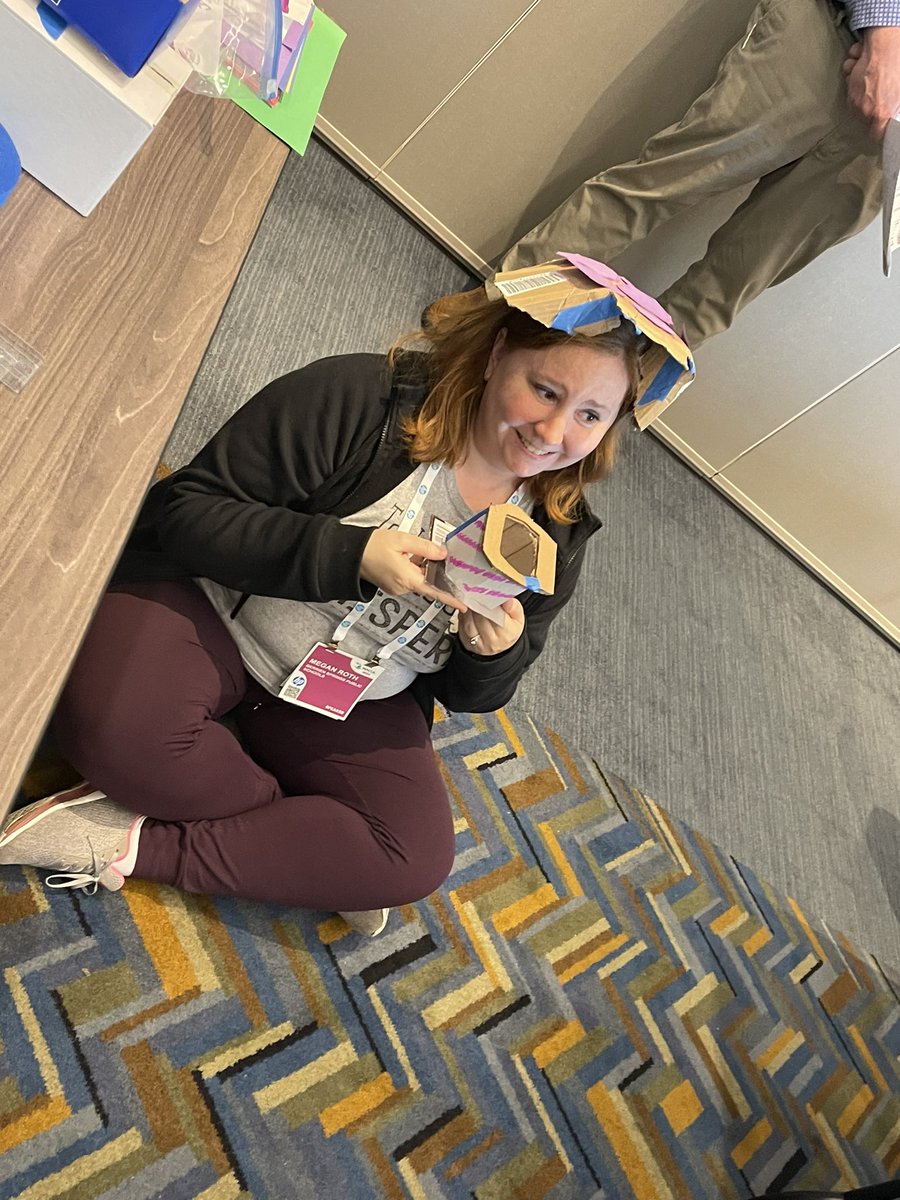 HattMr's tweet photo. @racheljensenart and I had a blast facilitating The Department of Cardboard Hats once again, this year at @MACUL! Thanks to all who attended, and thanks to @MyTLee3 for your all you do to support @A2STEAM! #macul23 https://t.co/dcncD4sVpC
