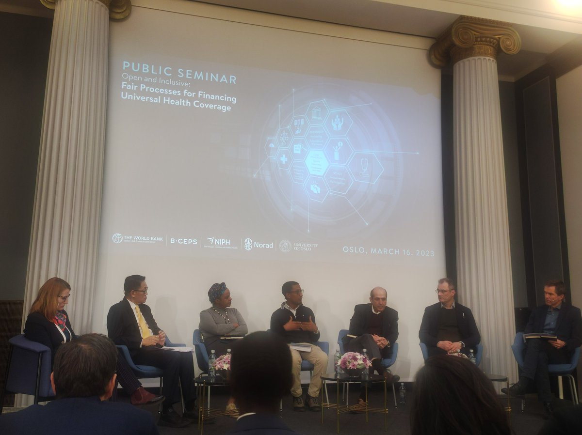 Kriessh's tweet photo. #MizanKiros from Ethiopia a PhD research fellow @BCEPShealth highlights this report will help facilitate the essential health care package launched earlier. @Folkehelseinst @noradno @WBG_Health @UniOslo_MED. #FairDecisions #FairProcesses https://t.co/EdrvEA4JjI