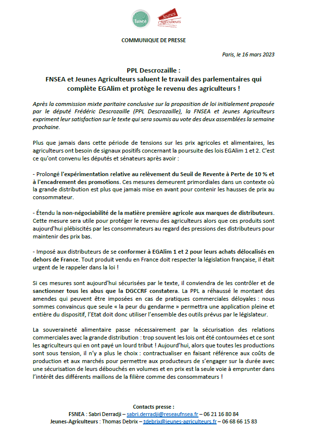 JeunesAgri's tweet photo. [#CP] PPL @fdescrozaille : Après la CMP conclusive sur cette loi qui complète #EGAlim, nous exprimons notre satisfaction sur ce texte qui sera soumis au vote des deux assemblées la semaine prochaine.
Notre communiqué avec @FNSEA 👇👇
https://t.co/k68FGy5Xkx https://t.co/Hxd0QH4tMu
