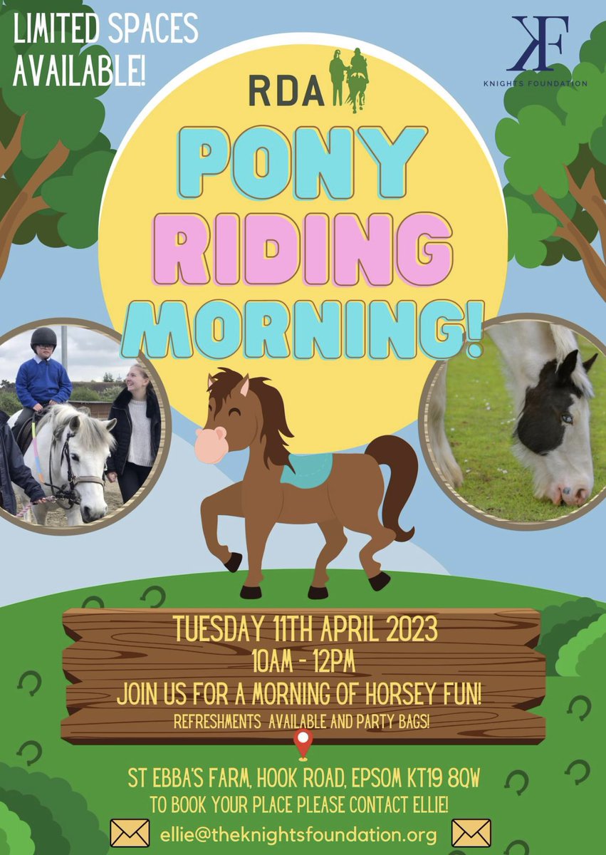 We’re excited to announce that we have joined forces with RDA (Riding for the Disabled Association) and are putting on a pony riding morning!🐴
It’s on Tuesday 11th April, from 10am-12pm!
Refreshments included, along with a party bag!🥳

DM Ellie📩ellie@theknightsfoundation.org
