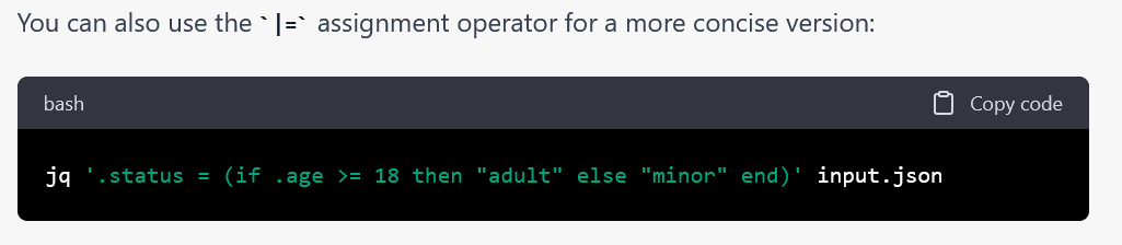 tacertain's tweet photo. Literally the first thing I tried on GPT-4, a replica of a jq question I had asked on 3.5. No - there's still no "understanding" here, just fancy autocomplete. It doesn't "know" that it told me it was showing a |= example - it's all just symbols without meaning. https://t.co/aSZPkYWkWO