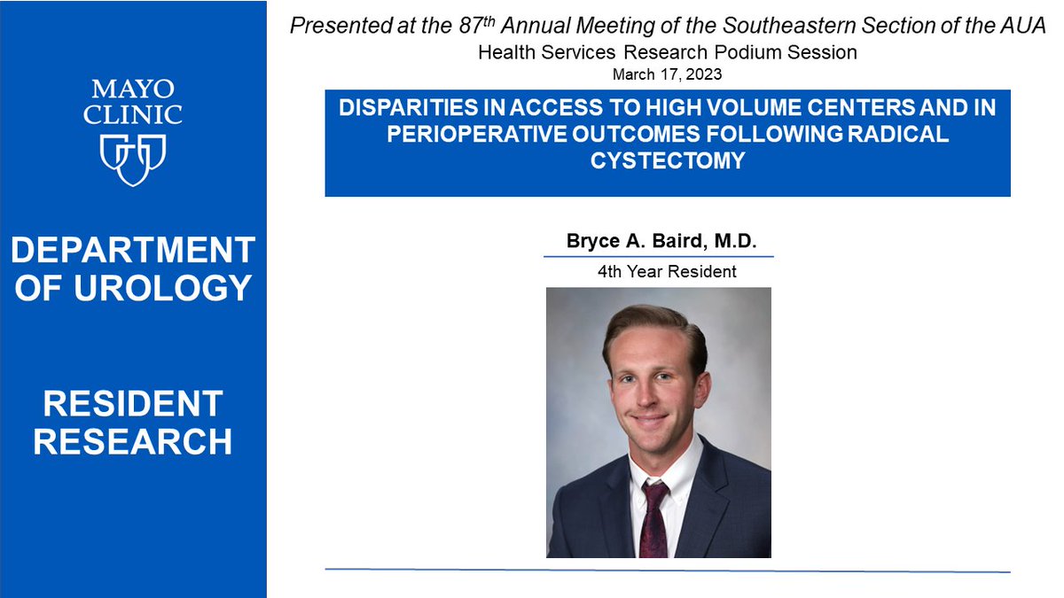 Bryce Baird, M.D. starts the third day of #SESAUA23 bright and early with his second presentation: 'Disparities In Access To High Volume Centers And In Perioperative Outcomes Following Radical Cystectomy', during the Health Services Research Podium Session. @SES_AUA @MayoUrology