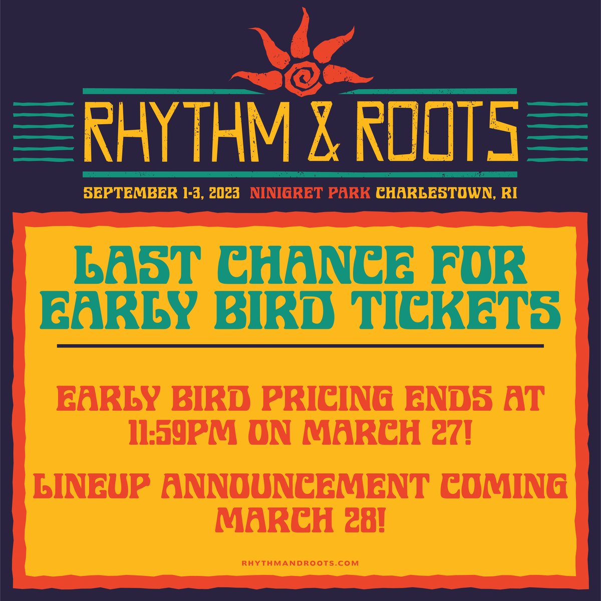 RRFestival's tweet image. We are SO excited for Rhythm &amp;amp; Roots 2023 ☀️

🌶️ Lineup announcement coming your way March 28!

🎫 Early Bird tickets are still on sale through March 27! This is your chance to buy at 2022 Pricing: bit.ly/RREarlyBird23