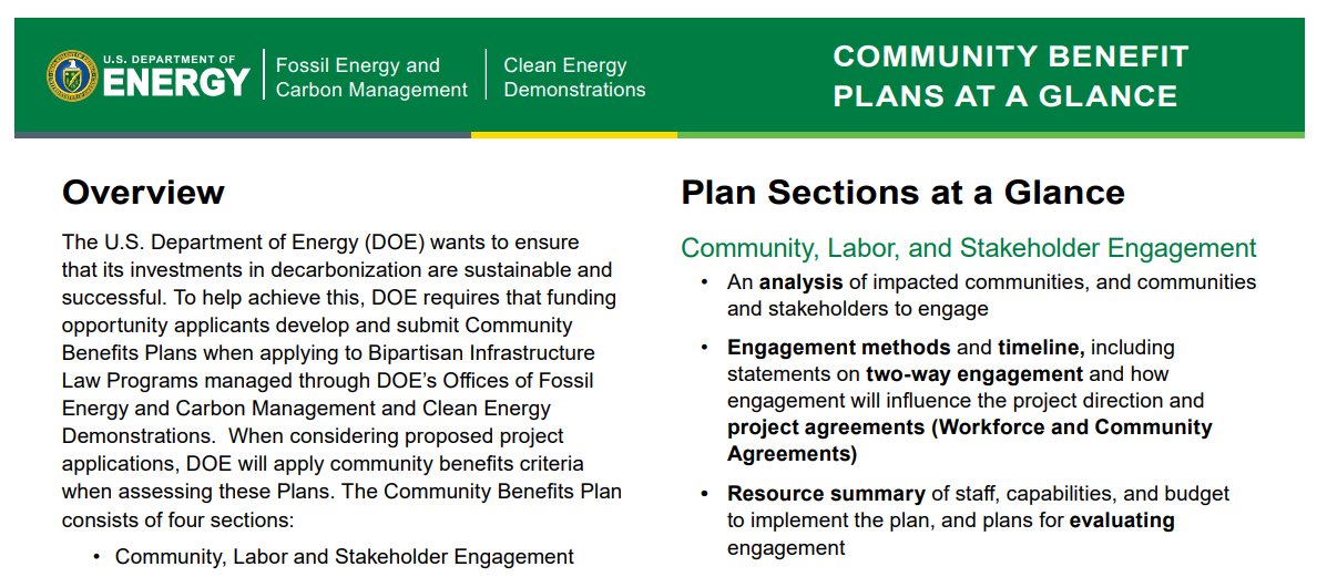 FECMgov's tweet image. Do you know how #FECM assesses the plans received following the issuance of funding opportunity announcements (#FOAs)? Find out what we look for during the #projectselection process in our ‘Community Benefit Plans at A Glance’ fact sheet:  bit.ly/3ISa3Ti