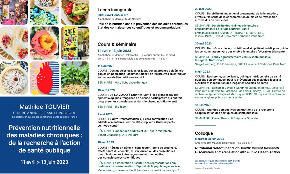 Un programme exceptionnel d'enseignement au collège de France "Prévention nutritionnelle des maladies chroniques : de la recherche à l’action de santé publique"
organisé par Mathilde Touvier. Venez nombreux!
<a href="/CRESS_U1153/">CRESS_UMR1153</a> <a href="/Inserm/">Inserm</a> <a href="/INRAE_France/">INRAE</a> <a href="/univ_paris_cite/">Université Paris Cité</a> <a href="/univ_spn/">Université Sorbonne Paris Nord</a>