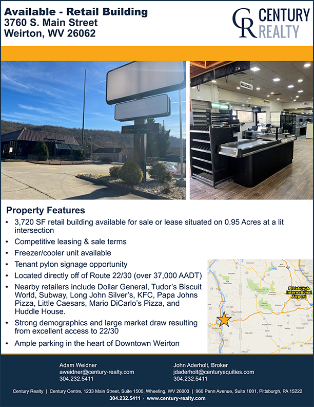 Century_Realty's tweet photo. NEW LISTING: 3,720 SF #Retail Building For #Sale Or #Lease - Downtown #Weirton. Contact Adam Weidner or John Aderholt at @Century_Realty at 304-232-5411 for more details. #cre #commercialrealestate #realestate #WeirtonWV #WestVirginia #CenturyRealty #CORFAC #CORFACInternational https://t.co/9HDpbp4Qbt
