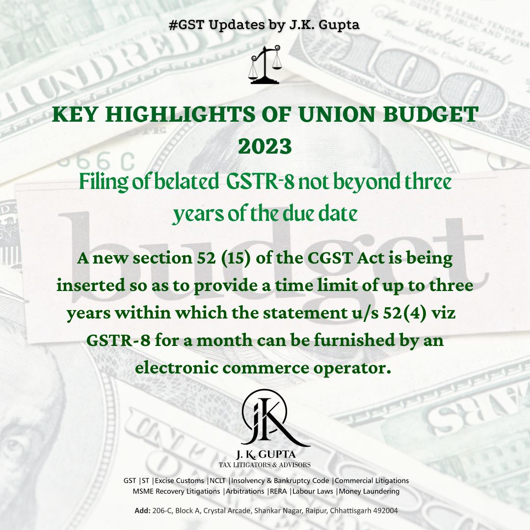 A new section 52 (15) of the CGST Act is being inserted to provide a time limit of up to three years within which the statement u/s 52(4) viz  GSTR-8 for a month can be furnished by an electronic commerce operator.
#gst #jkg #jkgupta #Budget2023 #budgetupdate #taxlitigators