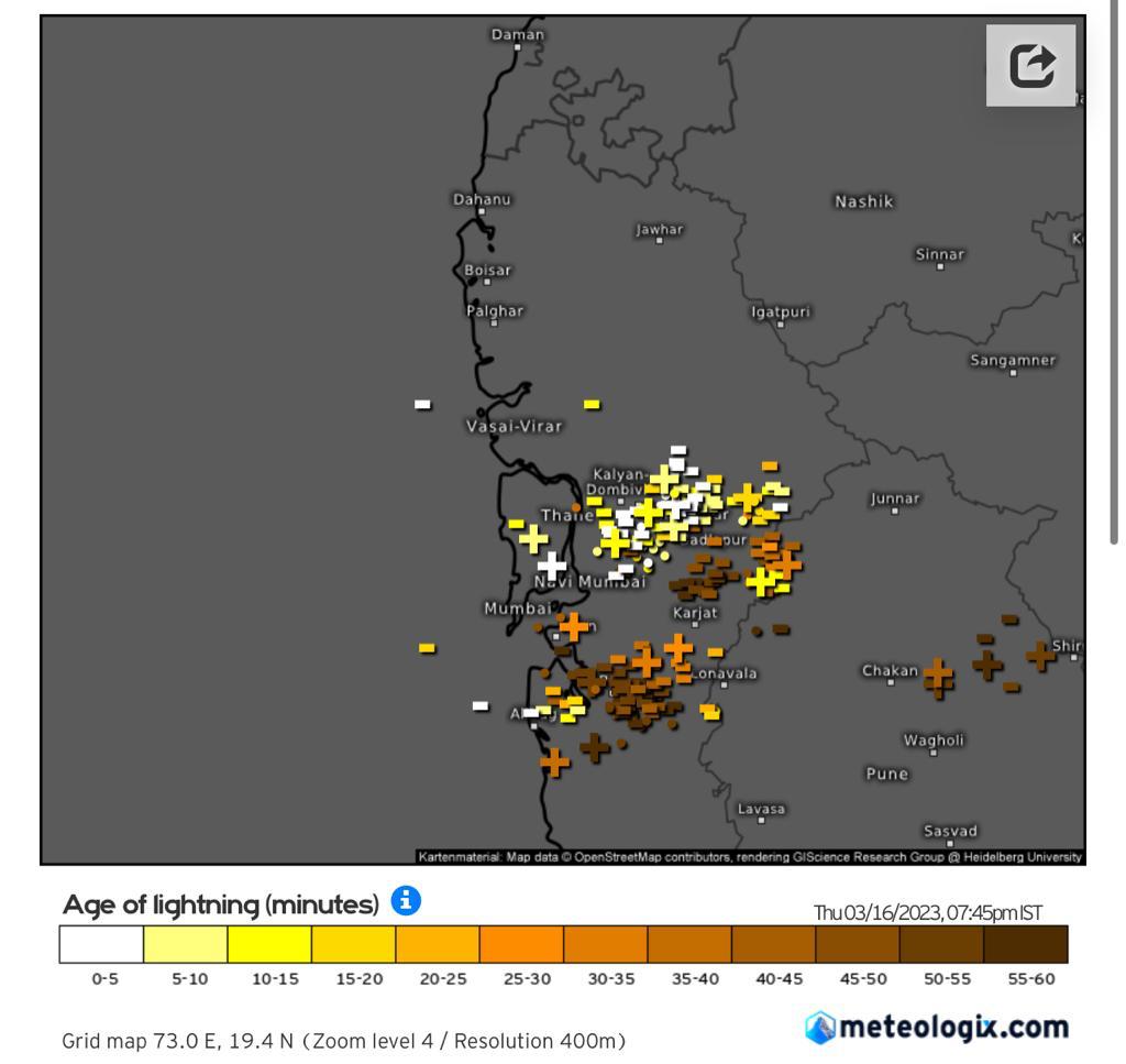 meet_abhijit's tweet photo. #Thunderstorm struck #Badlapur ⛈️
Bombing #lightning strikes with huge #thunder & very thick #cold #drops #moderate #Rain spell going on 🌧️
#Gusty #winds gave #Duststrom with cool #downdraft
Frm 34.8c max temp at 4pm, drops to 20c now at 8pm
#MumbaiRains #Thane ##Kokan #MH https://t.co/cL5WugFz3O