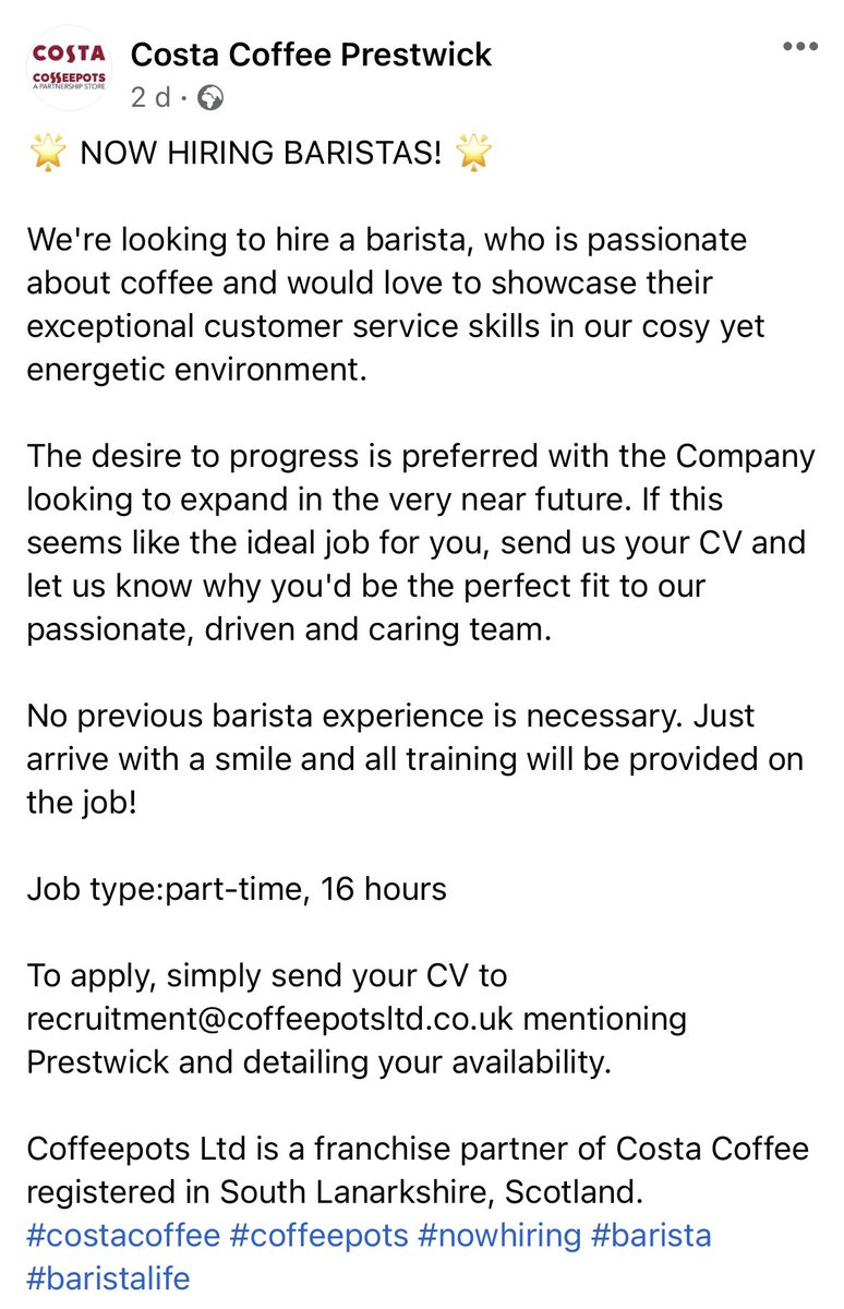 MarrCol_Careers's tweet photo. ☕️Fancy a career as a Barista? ☕️ Costa Coffee in Prestwick are recruiting!  @DywMarr @MarrHome https://t.co/MFtpXCLBh2