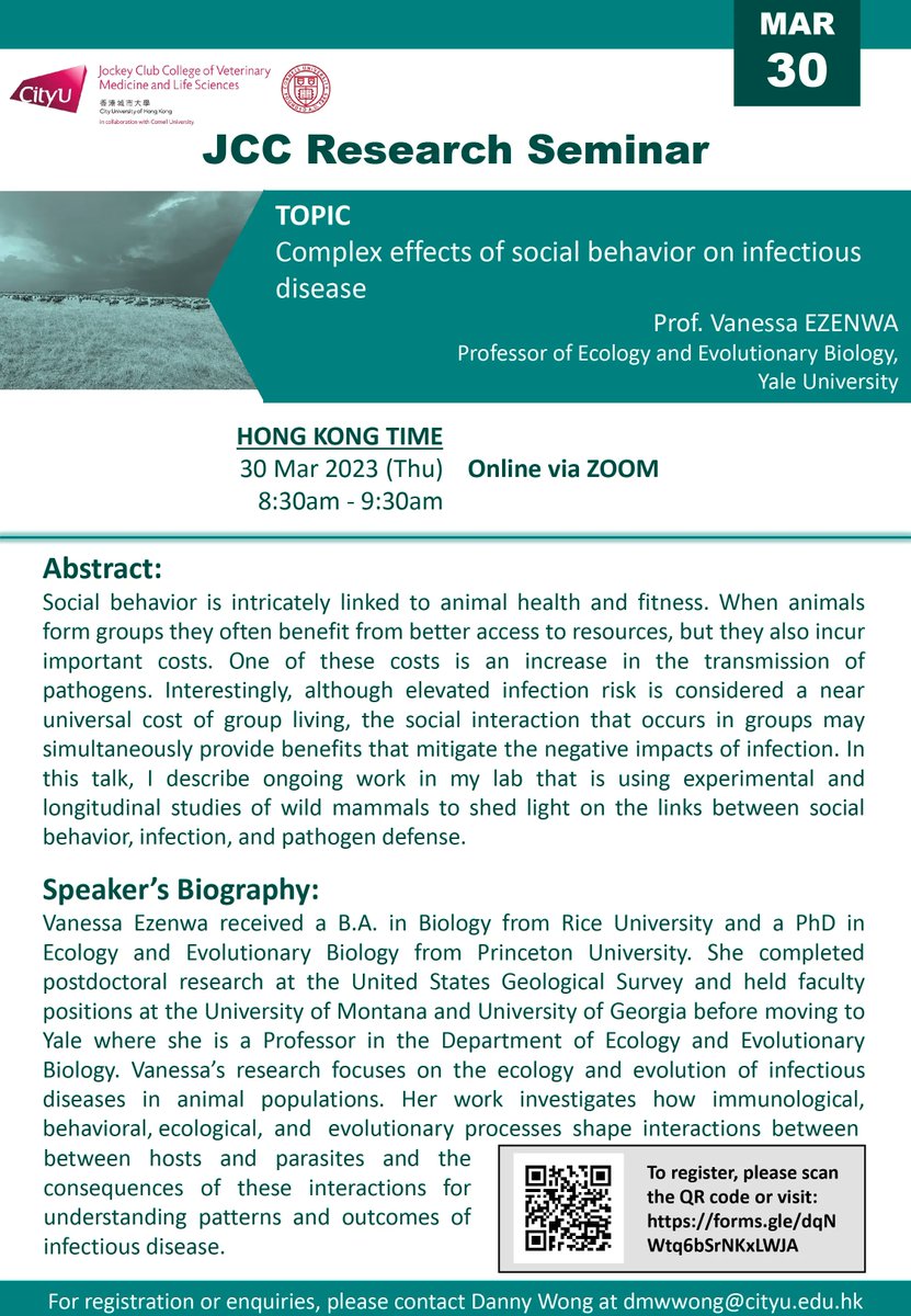 CityUJCCVet's tweet image. 📣 Free webinar 📣

Complex Effects of Social Behavior on Infectious Disease     

30 March 2023, 8.30 am (HK time) 

More info: cityu.edu.hk/jcc/index.php/…