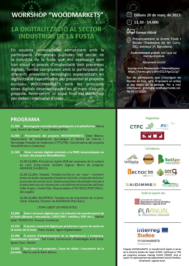 Ester Blanco, Responsable de transferència de <a href="/ctforestal/">CTFC</a> <a href="/Forest_BS/">FBS</a> participa en el workshop “WOODMARKETS: La digitalització al sector industrial de la #fusta" <a href="/FORESPIR_/">FORESPIR</a> @Sudoe5
📅20 març 🕦11:30 - 14h 
📍Format híbrid
Inscripcions 👉bit.ly/3J9Ujeu