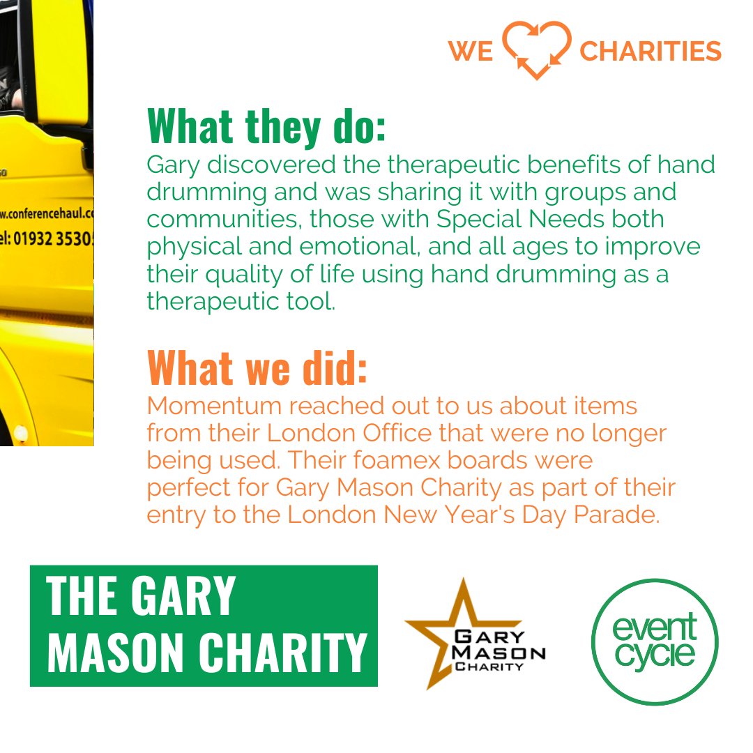 A warm charity shoutout to The Gary Mason Charity.

We were able to help in their efforts to raise money at the London New Year’s Day Parade by passing on Momentum’s old foamex boards! 

Read the article: 
eventcycle.org/post/momentum-… 

#EventCycleIt #CharitiesUK #SustainableEvents
